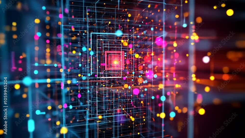 Poster a 3d rendering of a colorful digital network with glowing lights