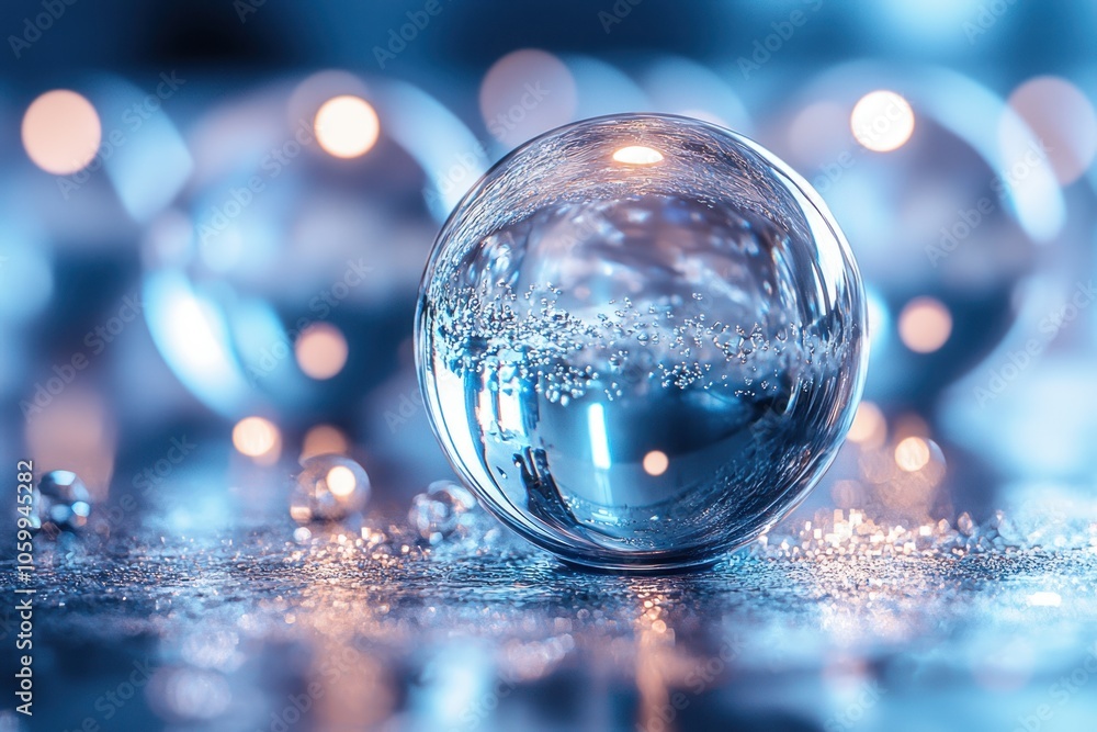 Poster a single glass orb with bubbles resting on a sparkling surface