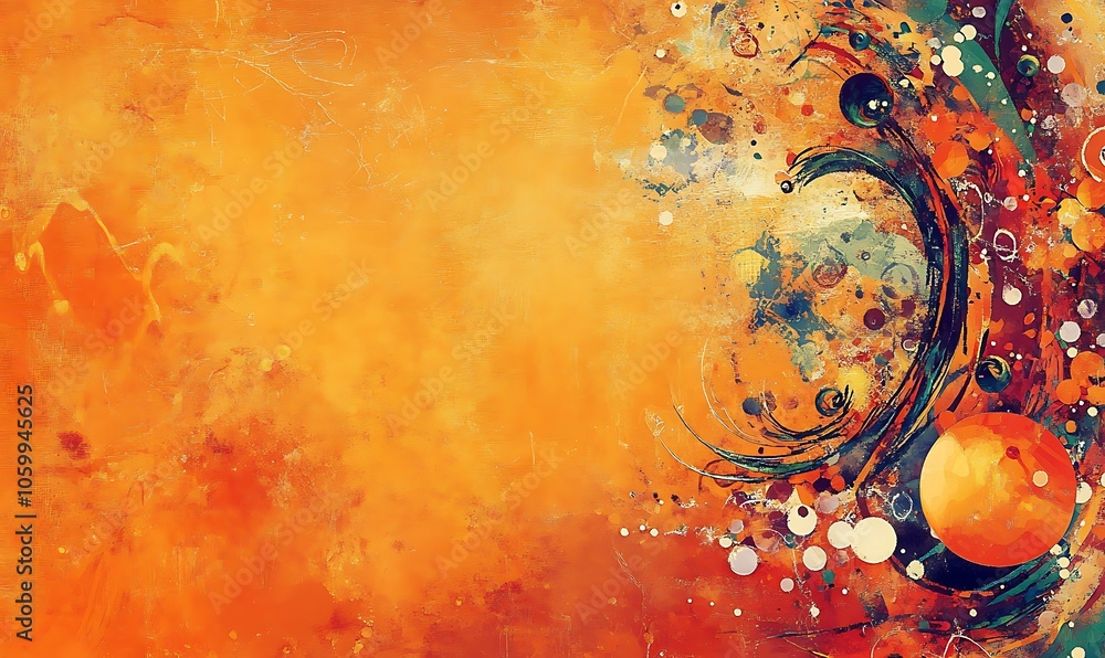 Poster abstract design featuring vibrant orange hues with swirling patterns and circular elements.