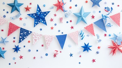 Obraz premium Collection of paper flags, stars, and ribbons for 4th of July decor on white background