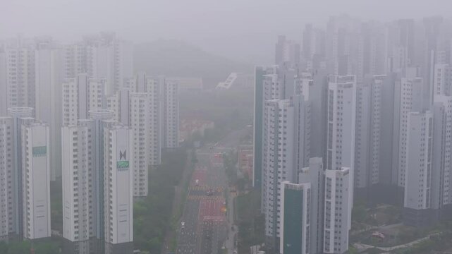 Aerial View of Apartment Complex in Gwangmyeong, South Korea Covered in Heavy Smog