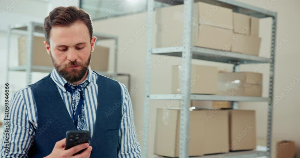 Poster boxes, reading and man with smartphone, serious and communication for order, ecommerce and entrepren