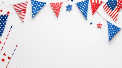 Obraz premium Festive red, white, and blue bunting flags for Independence Day on white background