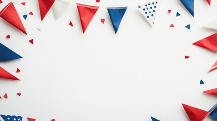 Obraz premium Festive red, white, and blue bunting flags for Independence Day on white background