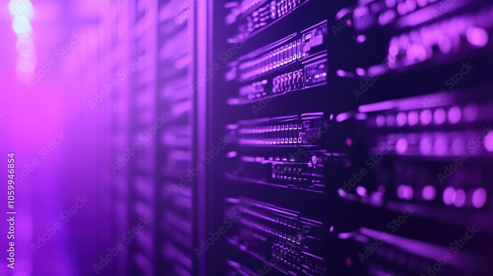 Poster a close-up view of server racks illuminated by purple lighting in a data center.