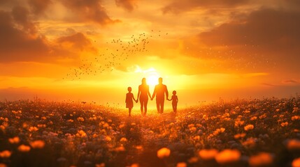 Fototapeta premium Family bonding at sunset in a flower field a heartwarming scene