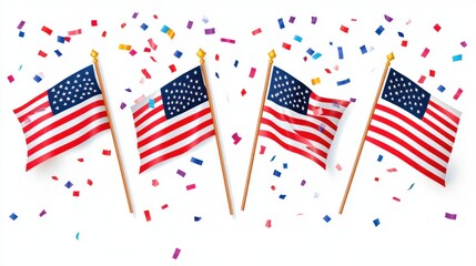Obraz premium Independence Day decorations with American flags and confetti isolated on white
