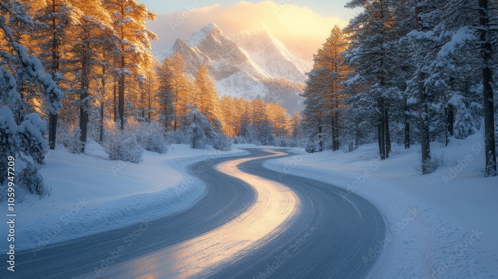 Poster the tranquil road curving through a snowy forest showcases tall trees and majestic mountains illumin