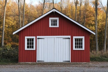 Red wooden barn standing in the autumn forest