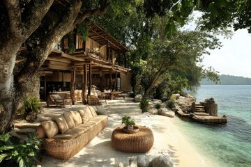 Fototapeta premium Luxurious beachfront bungalow with ocean view offering tranquil relaxation
