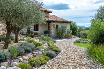 Fototapeten Stone pathway leading to picturesque stone house in provence landscape © kardaska