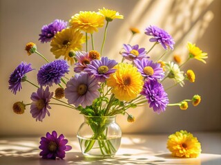 Fototapeta premium Beautiful Minimalist Photography of Purple and Yellow Flowers in a Serene Setting, Perfect for Nature Lovers and Floral Decor, Showcasing Balance and Simplicity in Design