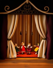 A tiny puppet theatre with tiny puppets on strings