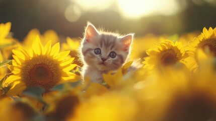 Obraz premium Kitten in Sunflower Field.