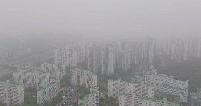 Aerial View of Apartment Complex in Gwangmyeong, South Korea Covered in Heavy Smog