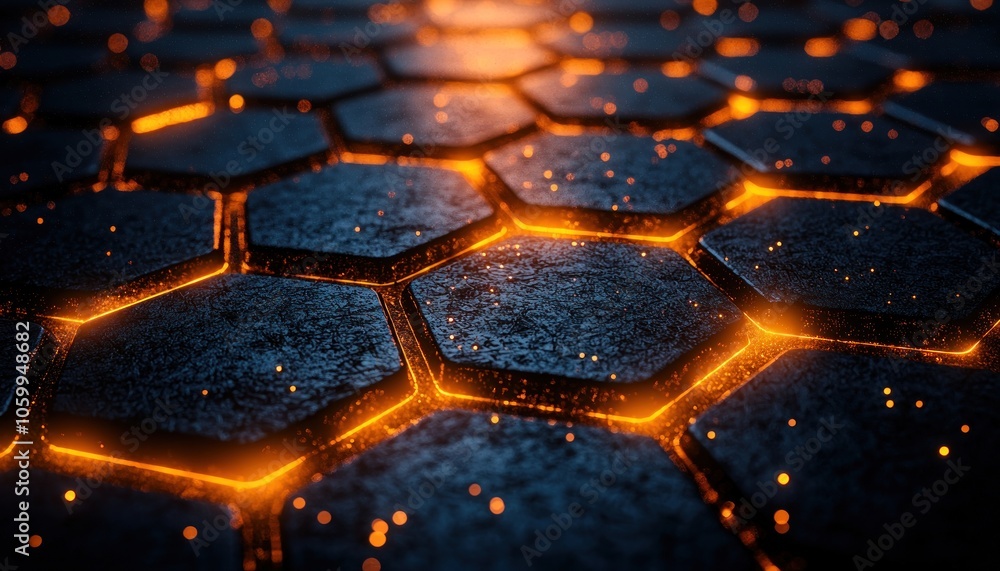Poster glowing orange lines on a dark hexagon pattern