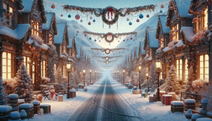 Obraz premium Street with snowy scenery, decorated with garlands and festive elements. Generative AI