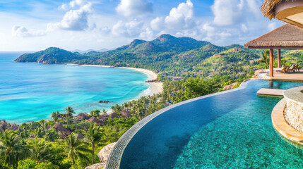 Fototapeta premium luxurious resort in Koh Samui features stunning infinity pools overlooking beautiful beach and lush mountains. serene atmosphere invites relaxation and enjoyment of natures beauty