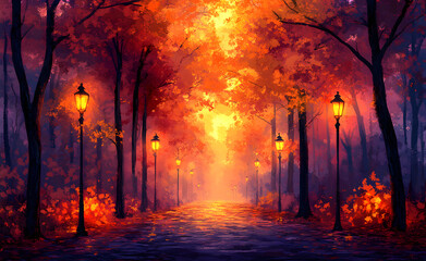 Landscape with street lights in the night autumn fog.