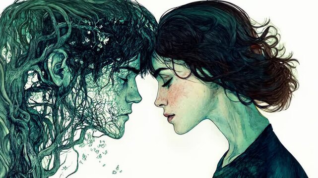 A man and a woman stand face to face, their foreheads touching. The man is made of trees and branches, while the woman appears human