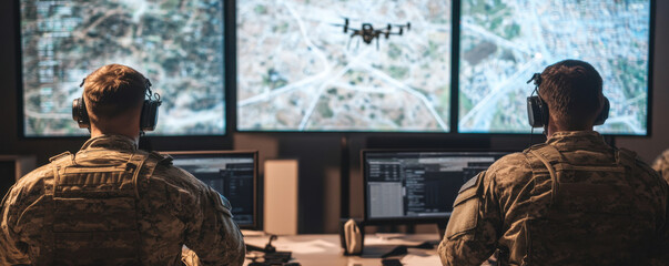 Military personnel monitor live drone footage in command center, showcasing advanced technology and strategic operations. atmosphere is focused and intense as they analyze critical data