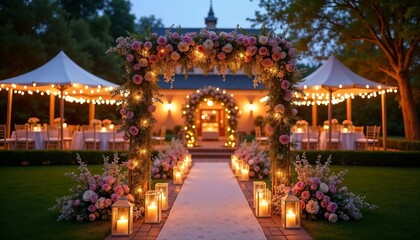 Obraz premium Elegant wedding venue decorated with flowers and lights, outdoor setting at twilight, romantic atmosphere, wedding concept 