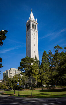 View of Sather tower (the Campanile) with blue sky, Berkeley, San Francisco Bay, California