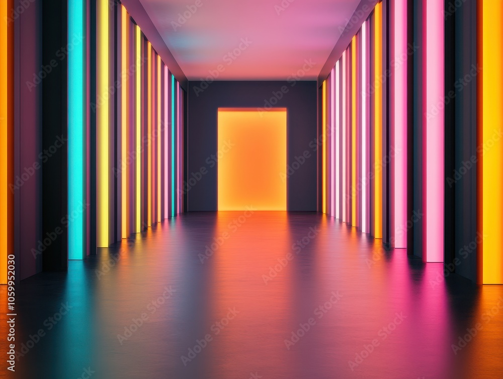 Poster a modern corridor featuring vibrant neon lights along the walls, creating a colorful and dynamic atm