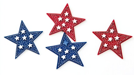 Fototapeta premium Set of patriotic star cutouts in red, white, and blue for 4th of July on white background
