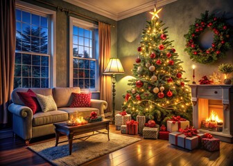 Cozy Christmas Living Room with Decorated Tree and Wrapped Presents, Magical Holiday Atmosphere, Warm Lights, Festive Decorations, Winter Wonderland Vibes, Family Gathering Space