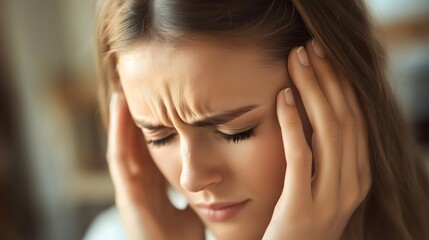Fototapeta premium Young Woman Experiencing Headache and Stress with Eyes Closed_2