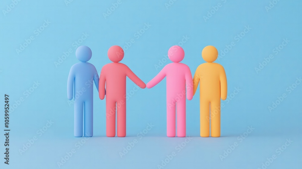 Poster connecting through colorful figures exploring friendship and community in a playful design
