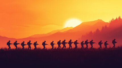 Silhouettes of soldiers at sunrise, patrolling vast landscape with mountains in background, evoke sense of duty and determination