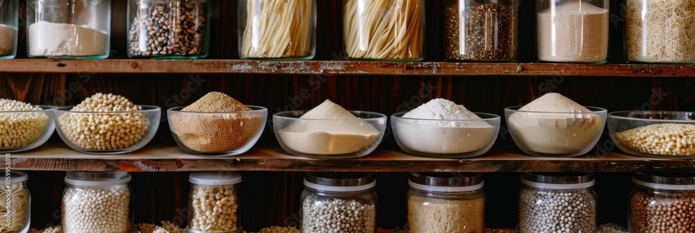 Poster a photo of a shelf filled with different forms of buckwheat including flour groats and noodles empha