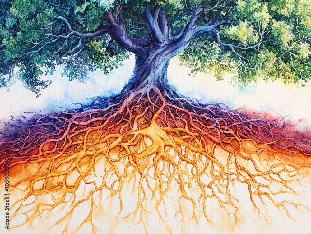Poster the interconnection of life a vivid representation of a tree's roots and canopy in harmony