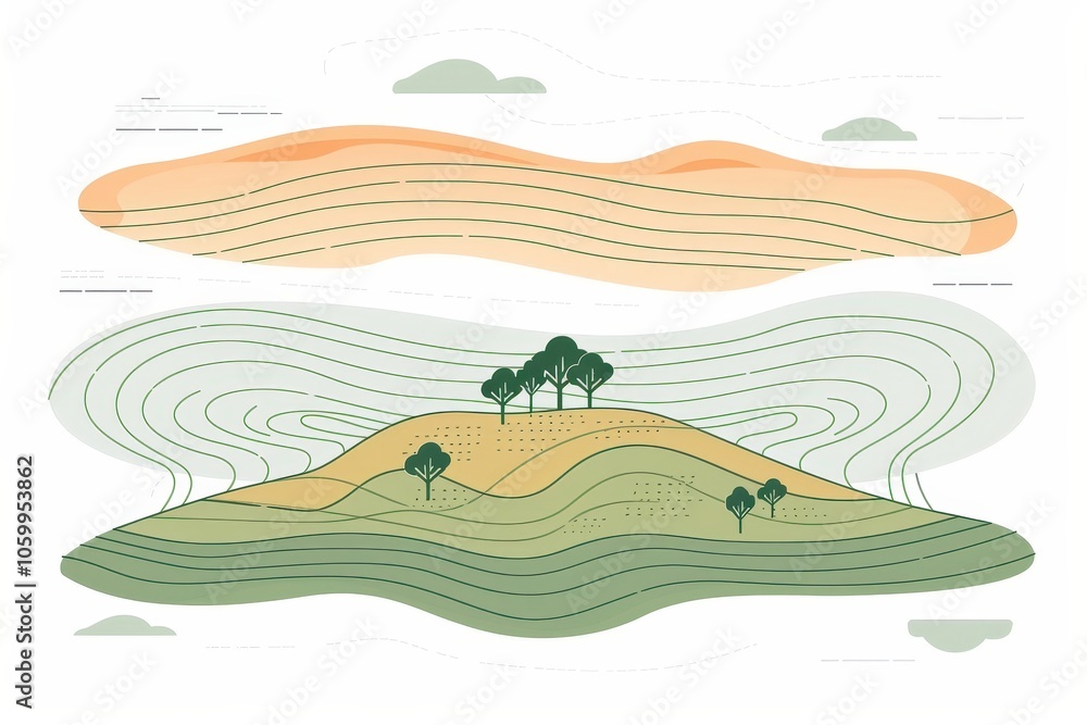 Poster a mountain with trees and clouds in the background