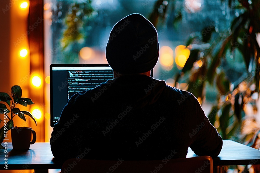 Poster focused programmer working on code at a cozy workspace surrounded by nature's beauty