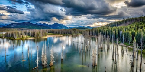 Obraz premium Aerial view of dead trees on lakeshore with cloudy sky and distant mountain forest
