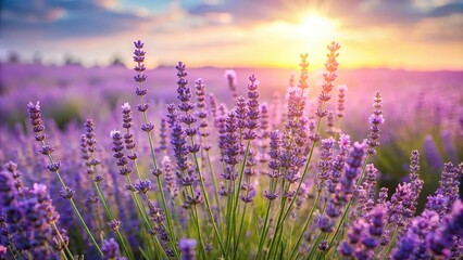 Naklejka premium A serene lavender field with tall, slender flowers blooming in the sunlight, calming, blooming, wildflowers, flowers