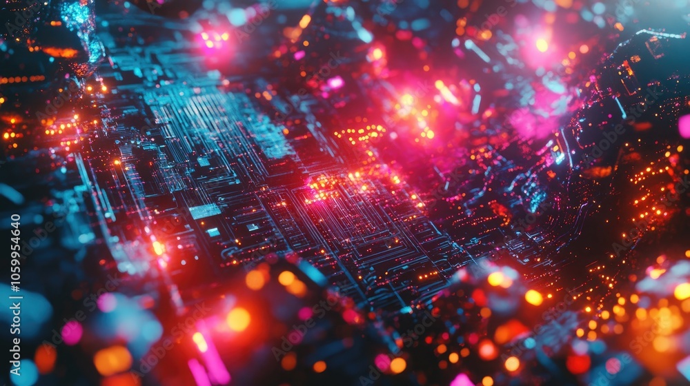 Poster digital scene with bright circuits and nodes, symbolizing the connectedness and advancement of tech 