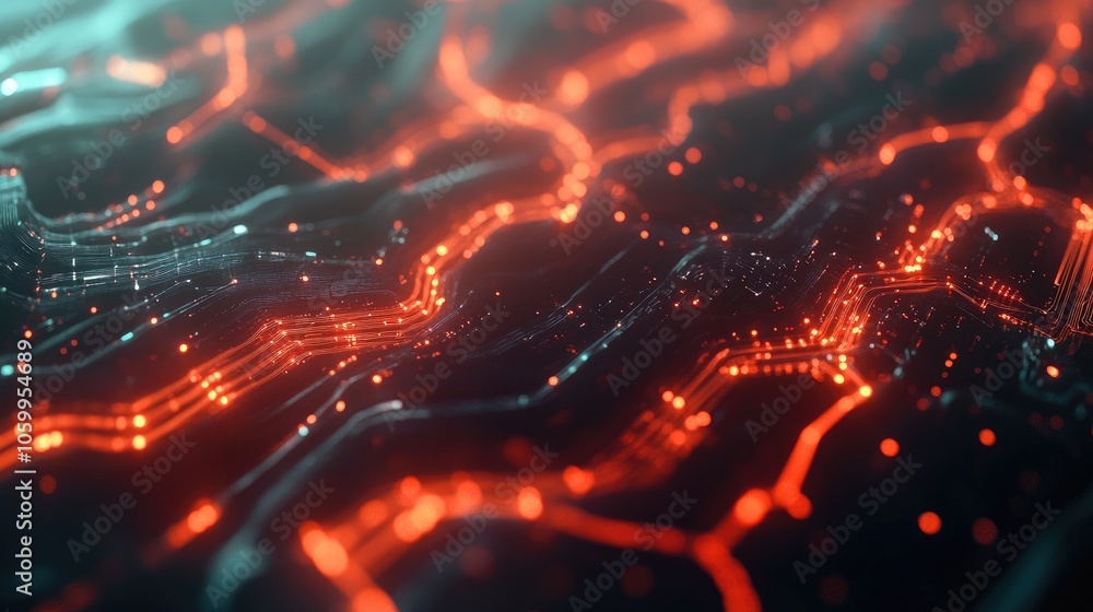 Poster futuristic digital web of circuits and nodes, highlighting the interconnectedness of science and tec