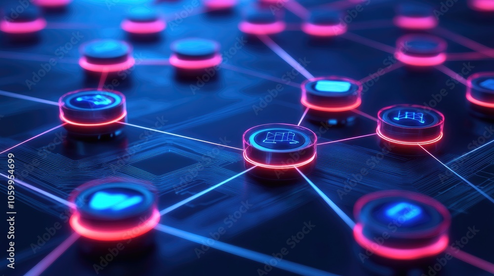 Poster futuristic, high-tech circuit network with glowing data nodes, capturing the connectivity of digital