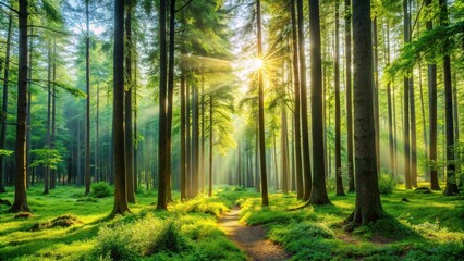 Obraz premium A serene and peaceful forest scene with tall trees and lush greenery, foliage, woods, forest
