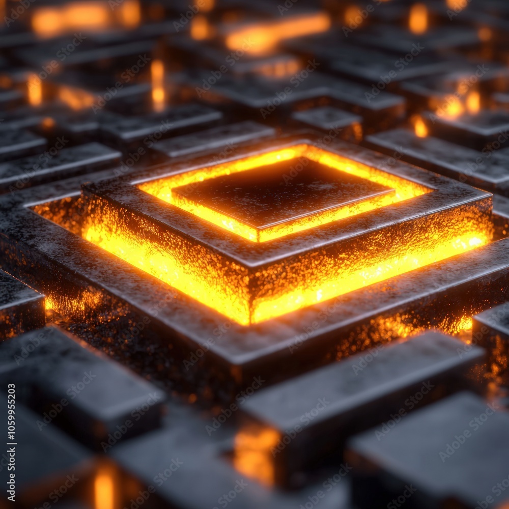 Aufkleber illuminated geometric patterns in a dark industrial setting with a fiery glow effect