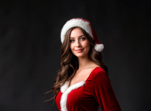 Smiling young woman in Santa hat against black background, festive and cheerful

