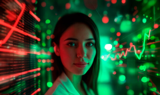 Dark-haired woman in white jacket with futuristic finance holograms, analytical and modern

