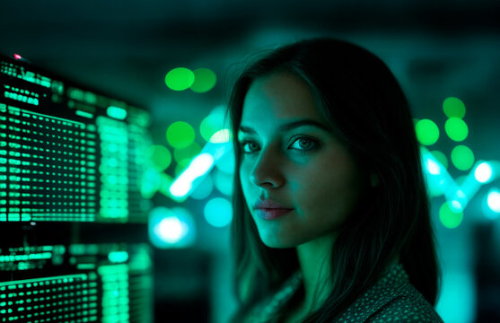 Dark-haired woman in white jacket with futuristic finance holograms, analytical and modern
