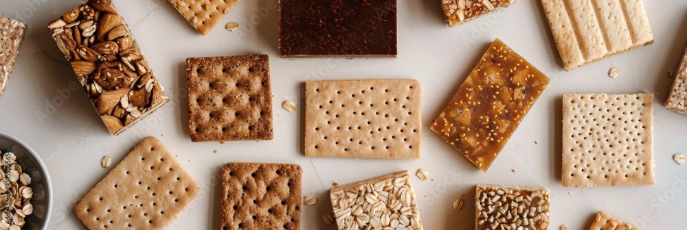 Poster a flat lay image of various buckwheatbased snacks such as crackers cookies and energy bars demonstra