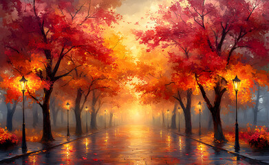 Landscape with street lights in the night autumn fog.