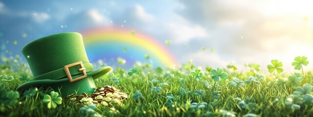 St. Patrick's day themed image featuring a leprechaun's hat sitting atop clovers with green grass,